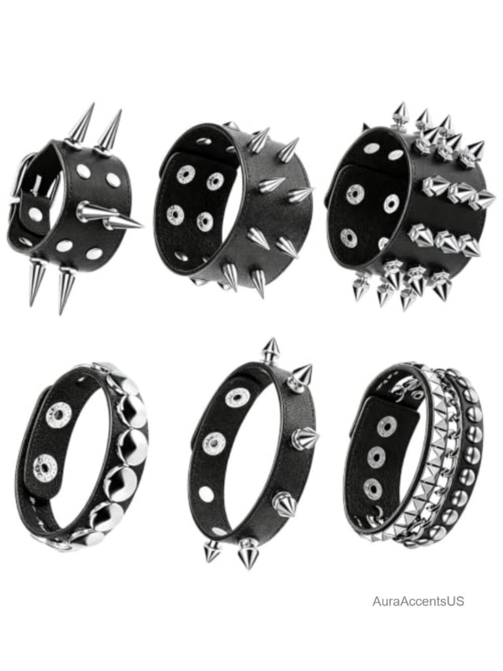 Punk Studded Leather Cuff Bracelets - Adjustable Gothic Spike Wristband Set